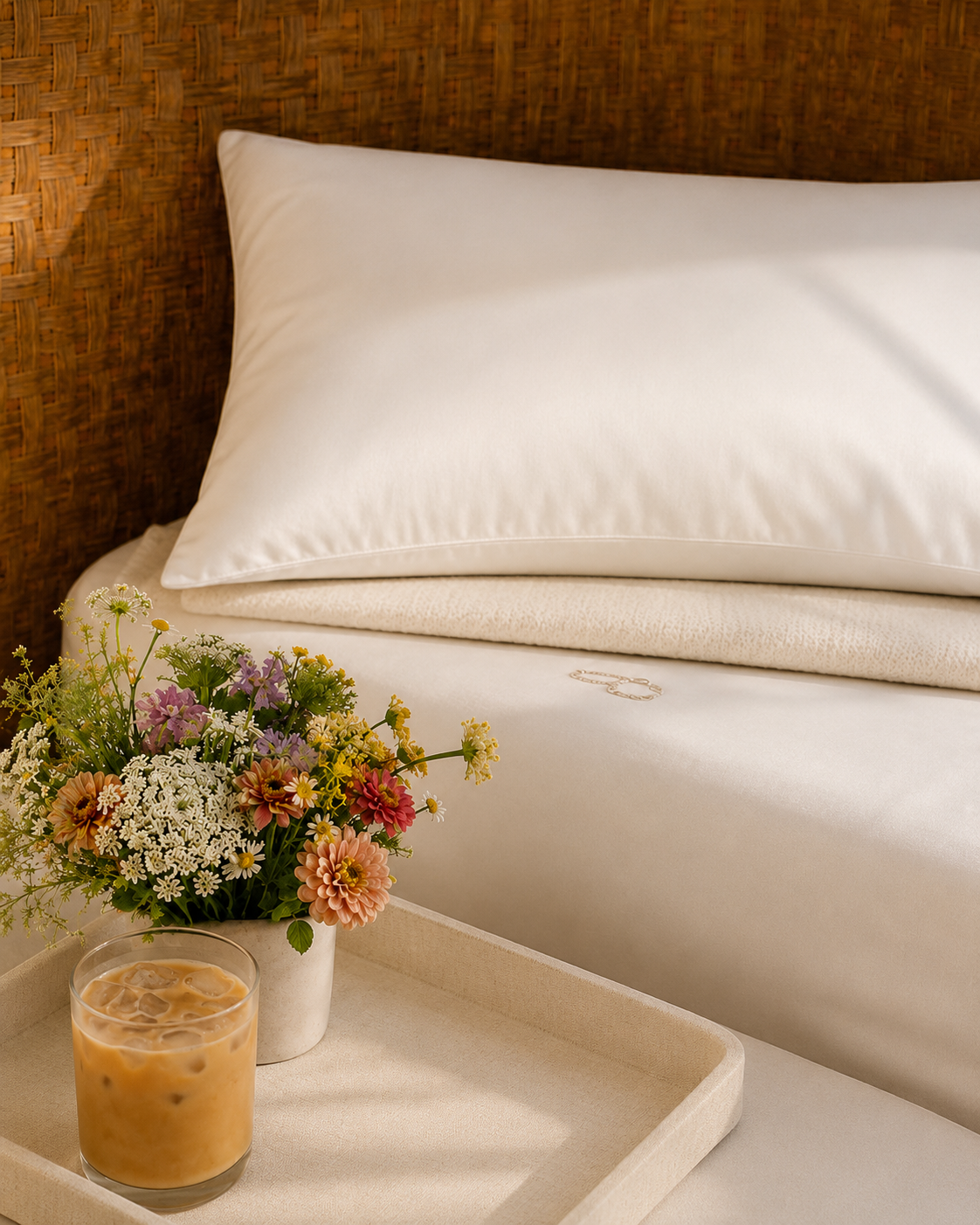 White Russian satin pillowcase by Savvy Sleepers on a made bed