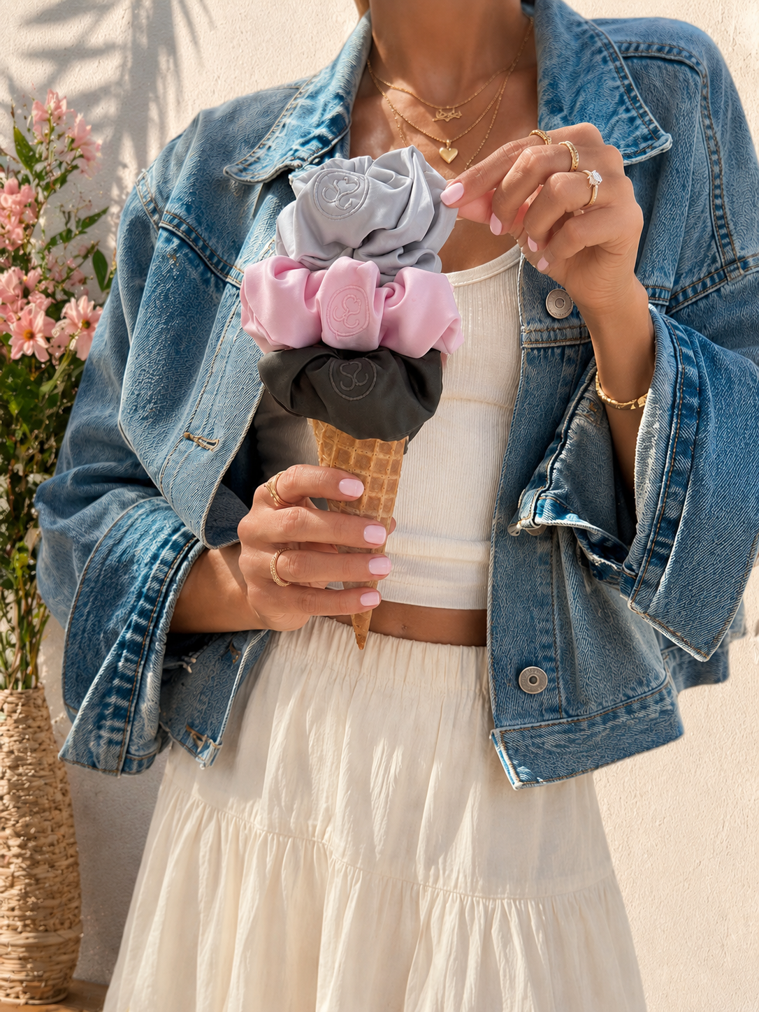 Trio of oversized satin Savvy Scrunchies in pastel summer shades