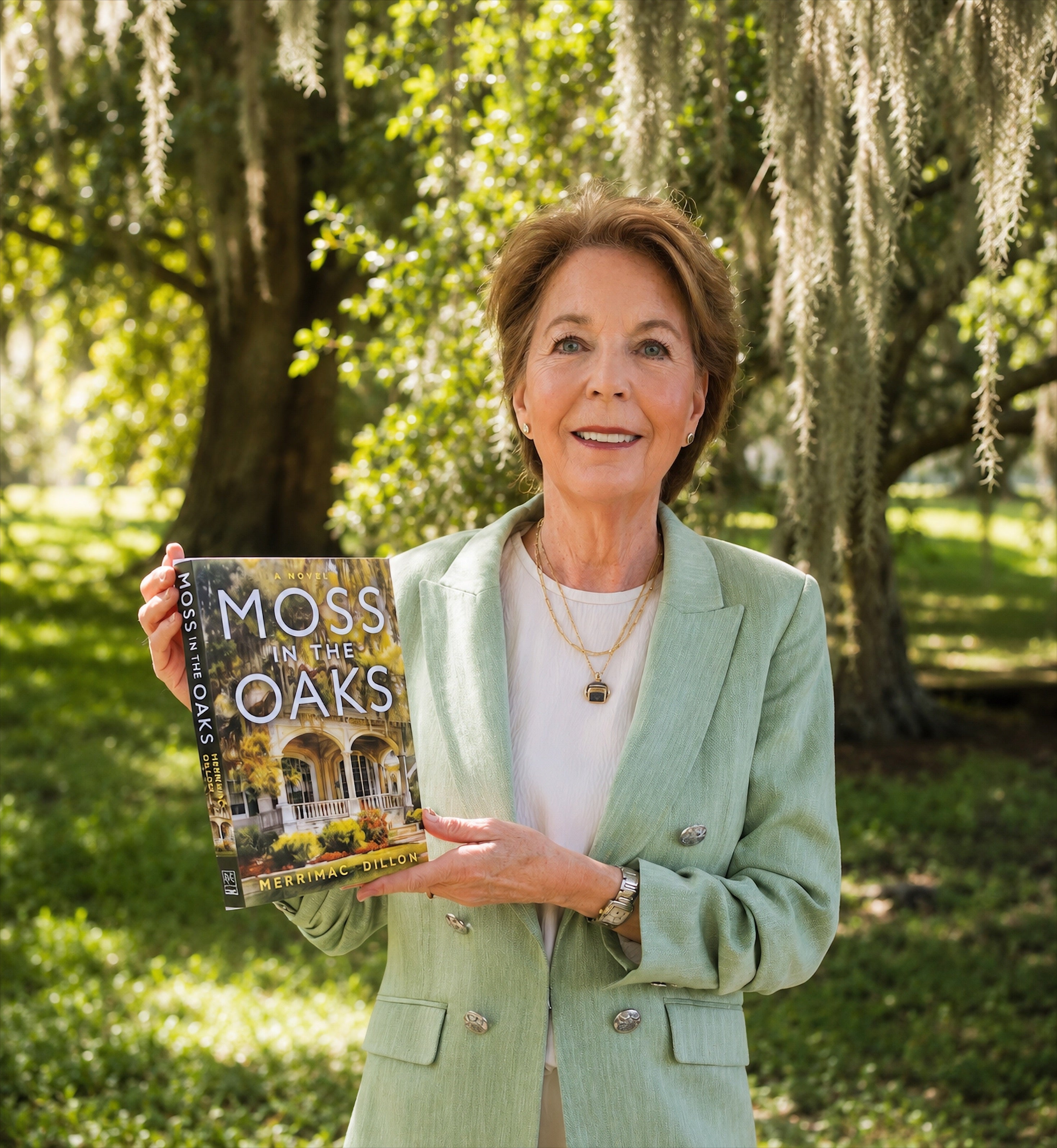 Merrimac Dillon holding her debut novel Moss in the Oaks beneath live oaks draped in Spanish moss in New Orleans